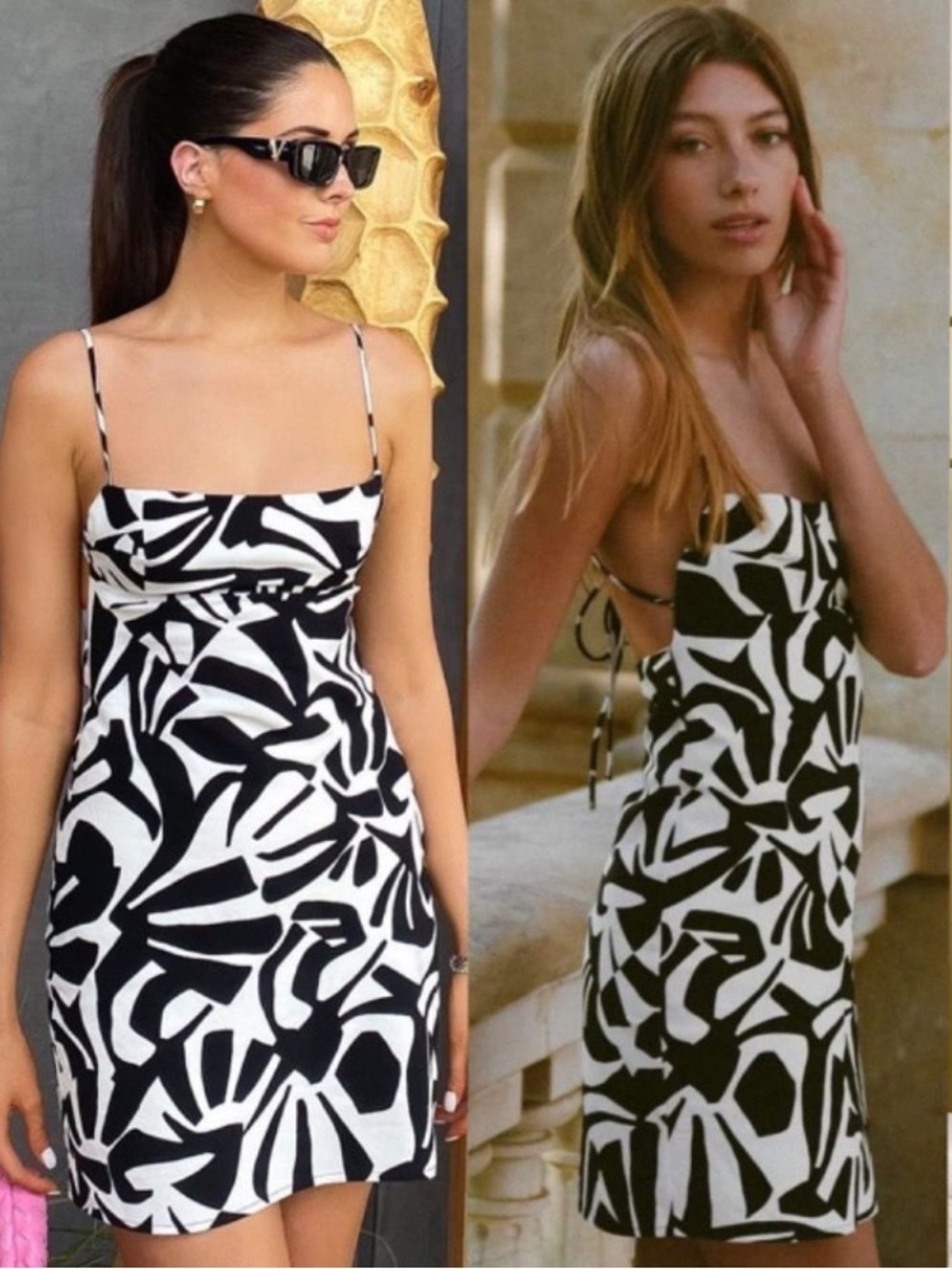 Zara Black & White Abstract Print Mini Dress with Tie Back
